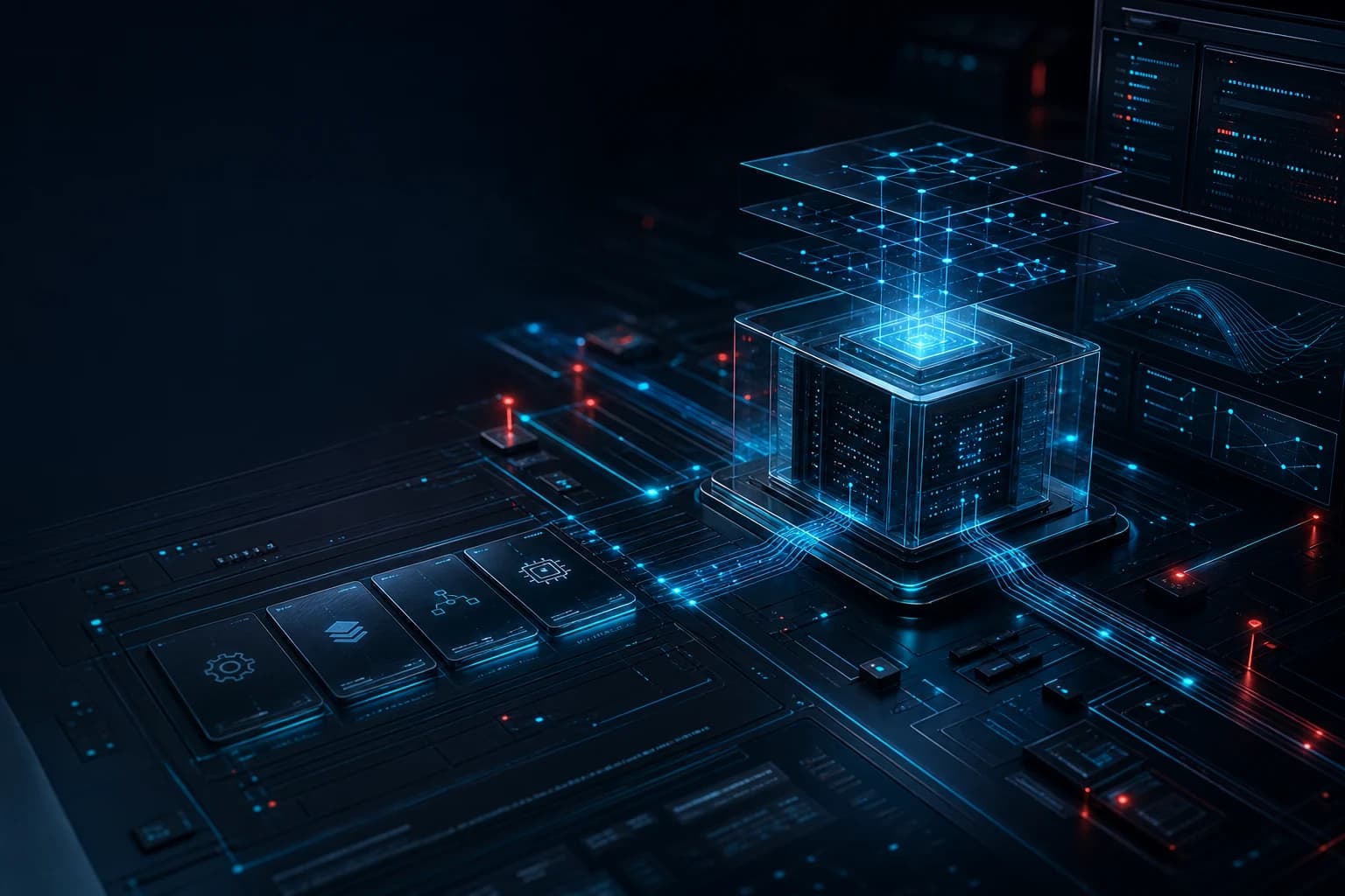 Abstract AI product launch console with data routes and system panels