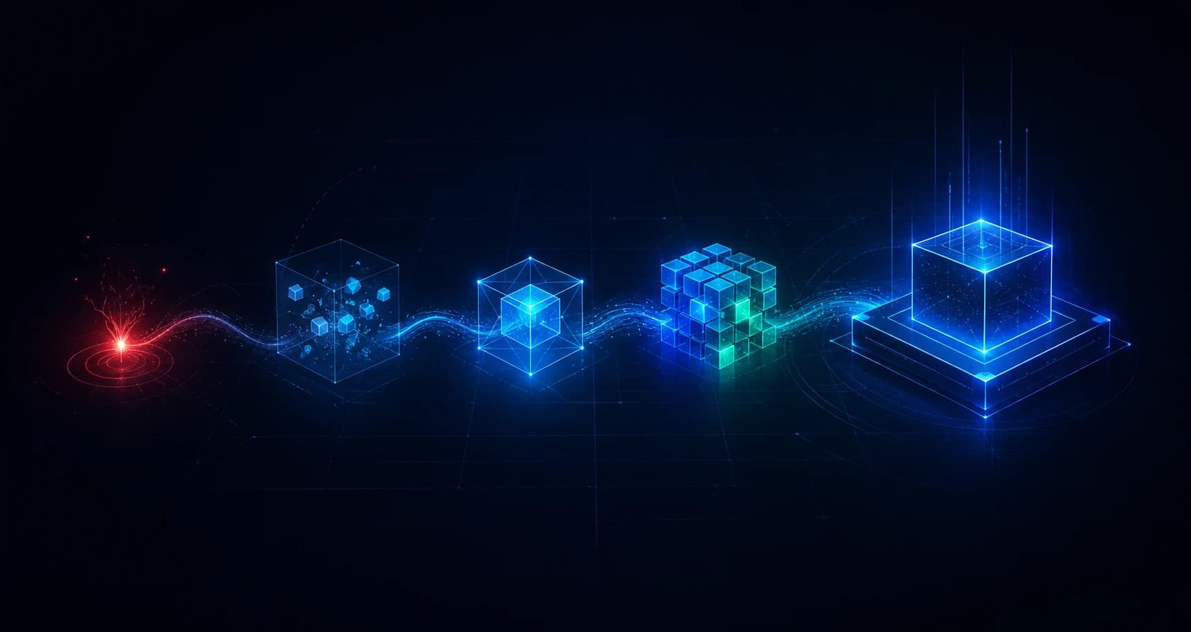 Abstract visual showing an idea becoming a production-ready digital system