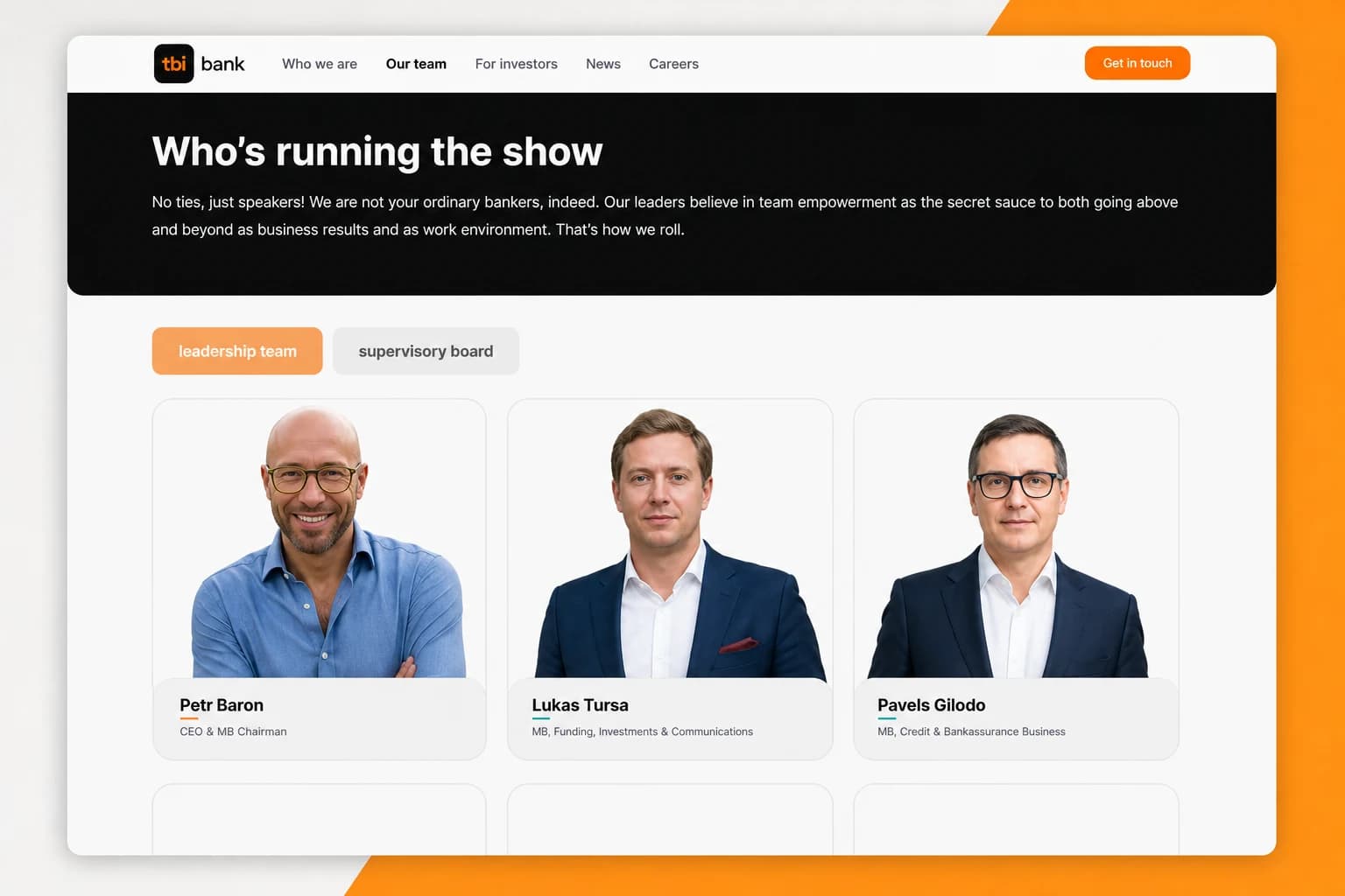 TBI Bank team page shown as client context