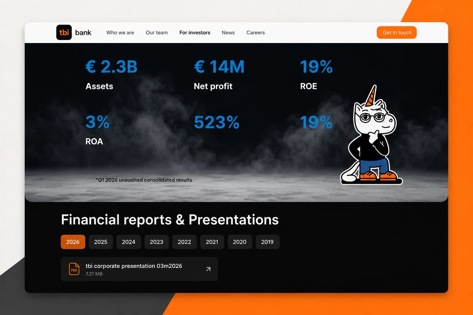 TBI Bank investor page shown as client context