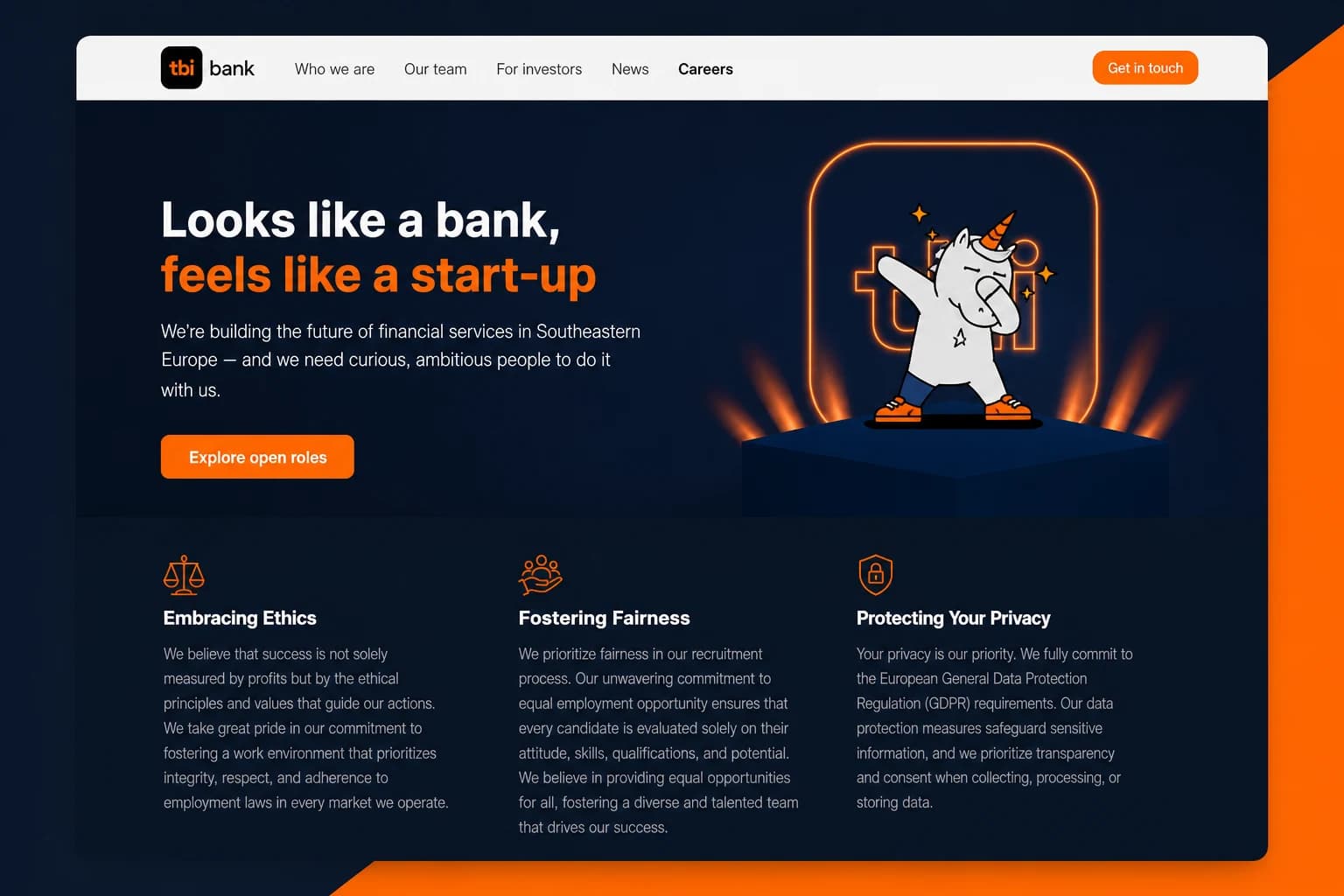 TBI Bank careers page shown as client context