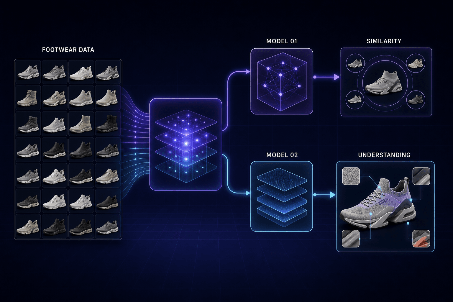 Two-model footwear AI architecture for similarity and product understanding